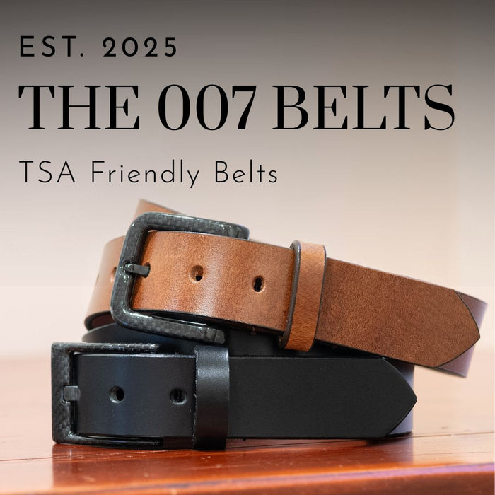 Two leather belts, one brown and one black. Est. 2025. The 007 Belts. TSA Friendly Belts.