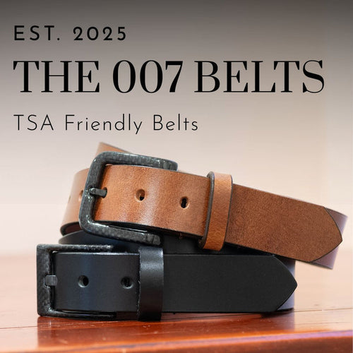 Two leather belts, one brown and one black. Est. 2025. The 007 Belts. TSA Friendly Belts.