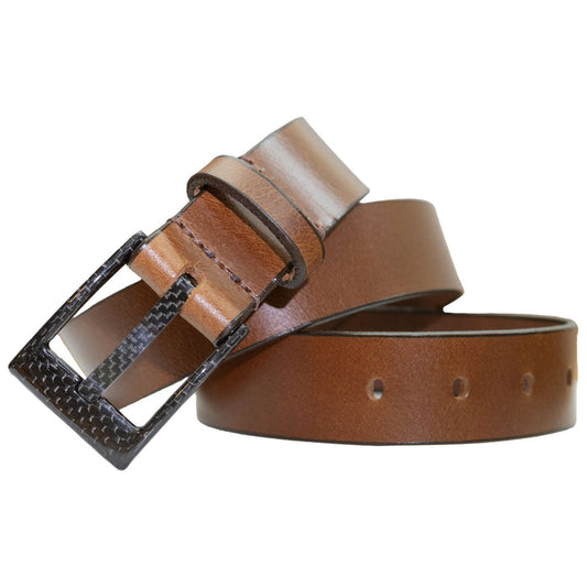 Brown leather belt with a black buckle on a white background