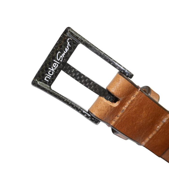 Carbon fiber buckle with Nickel Smart logo. Brown leather strap.