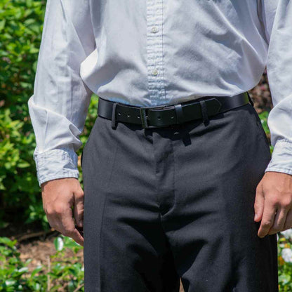 Model wearing Classified Black Leather Belt. Perfect Pilot belt - no metal/easy security