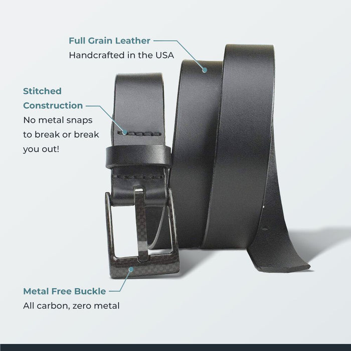 Full Grain Leather: made in USA; Stitched Construction: no snaps; Metal Free Buckle: zero metal.