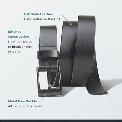 Full Grain Leather: made in USA; Stitched Construction: no snaps; Metal Free Buckle: zero metal.