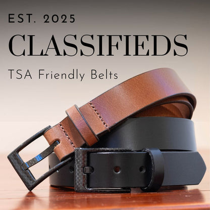 Two belts, one brown and one black, on a wooden surface. Est. 2025. Classified. TSA Friendly Belts.