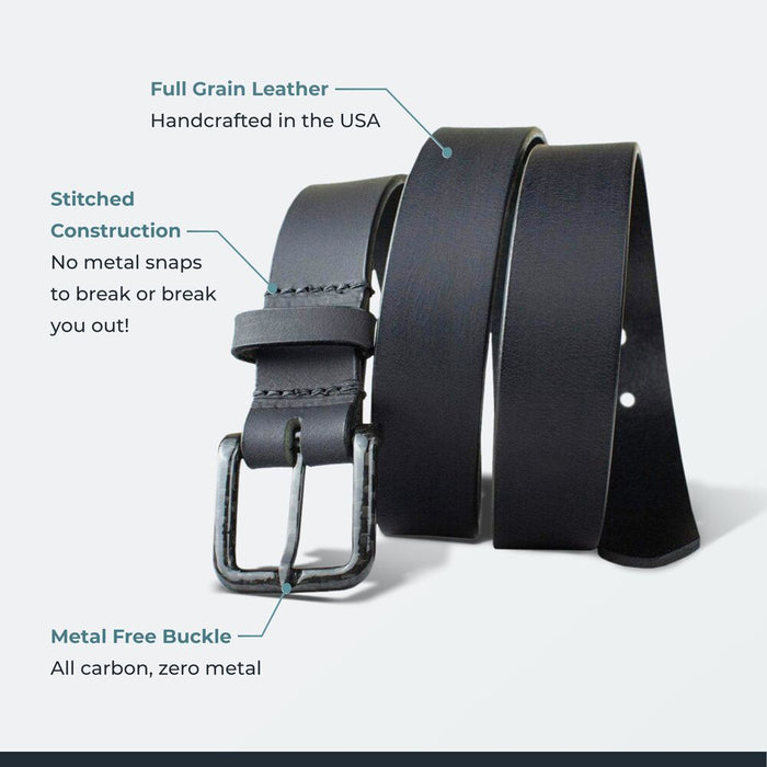 Full grain leather; made in USA; stitched construction; no metal snaps; metal free; all carbon.