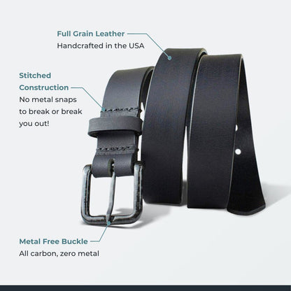 Full grain leather; made in USA; stitched construction; no metal snaps; metal free; all carbon.