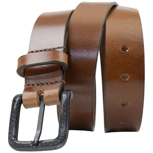 The Specialist Brown Belt by Nickel Smart. Bright brown leather strap; black carbon fiber buckle.