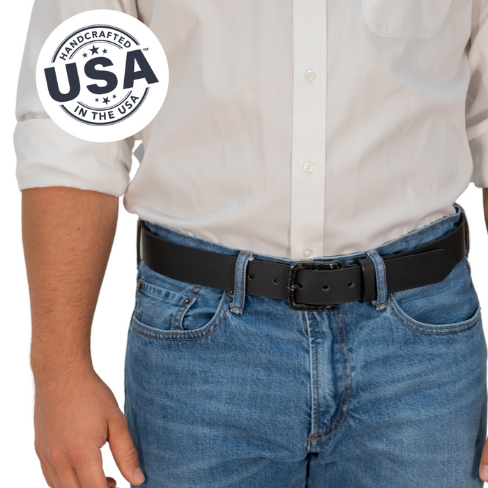 Specialist Black Belt on model in jeans. Handcrafted in the USA. Metal-free buckle great for travel.
