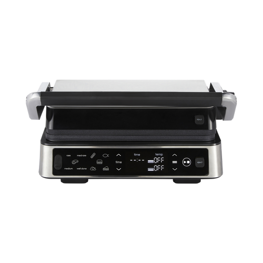 Black and silver grill with digital controls on a white background