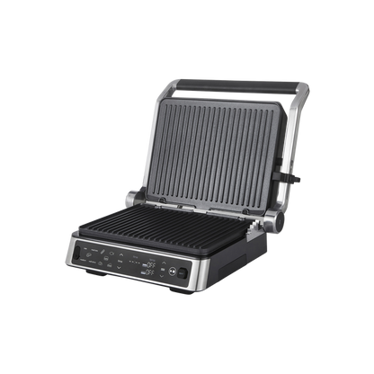 Black and silver sandwich press with grill on a white background