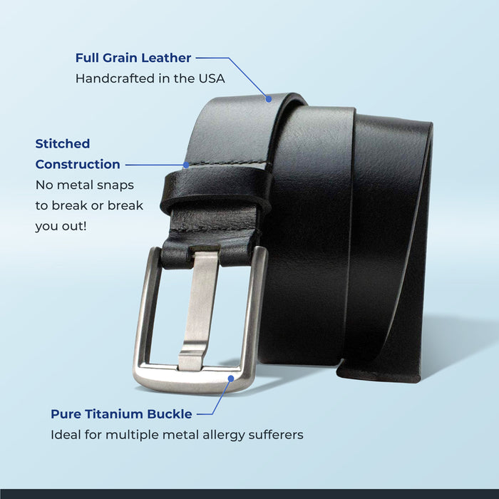 Full grain leather: made in USA; Stitched construction: no snaps; Ideal for multiple metal allergies
