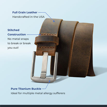 Full grain leather: made in USA; Stitched construction: no snaps; Ideal for multiple metal allergies
