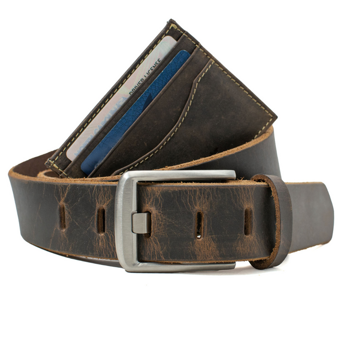 Reed Wallet wrapped in Titanium Wide Pin Distressed Leather Belt. Matching distressed leather.