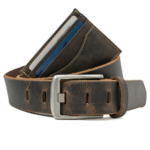 Reed Wallet wrapped in Titanium Wide Pin Distressed Leather Belt. Matching distressed leather.