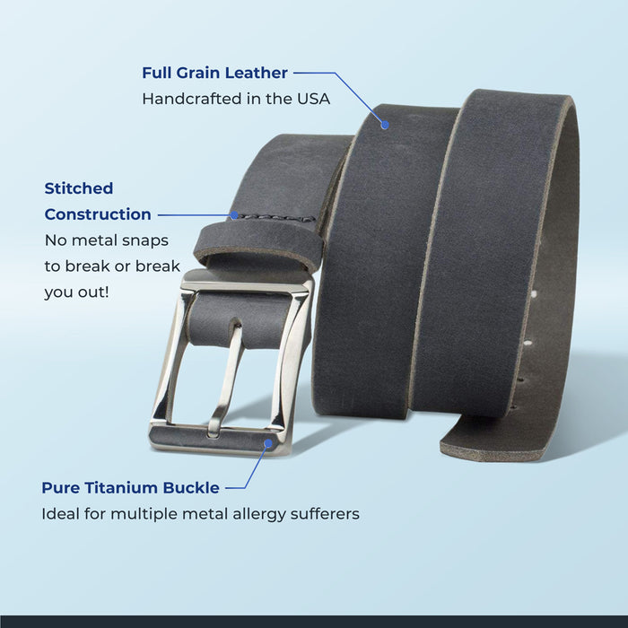 Full grain leather: made in USA; Stitched construction: no snaps; Pure titanium buckle.
