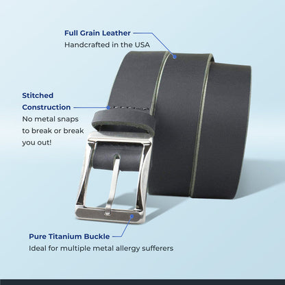 Full grain leather: made in USA; Stitched construction: no snaps; Safe for multiple metal allergies.