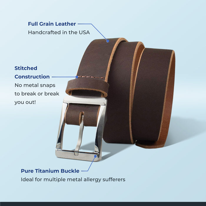 Full grain leather: made in USA; Stitched construction: no metal snaps; Pure titanium buckle.