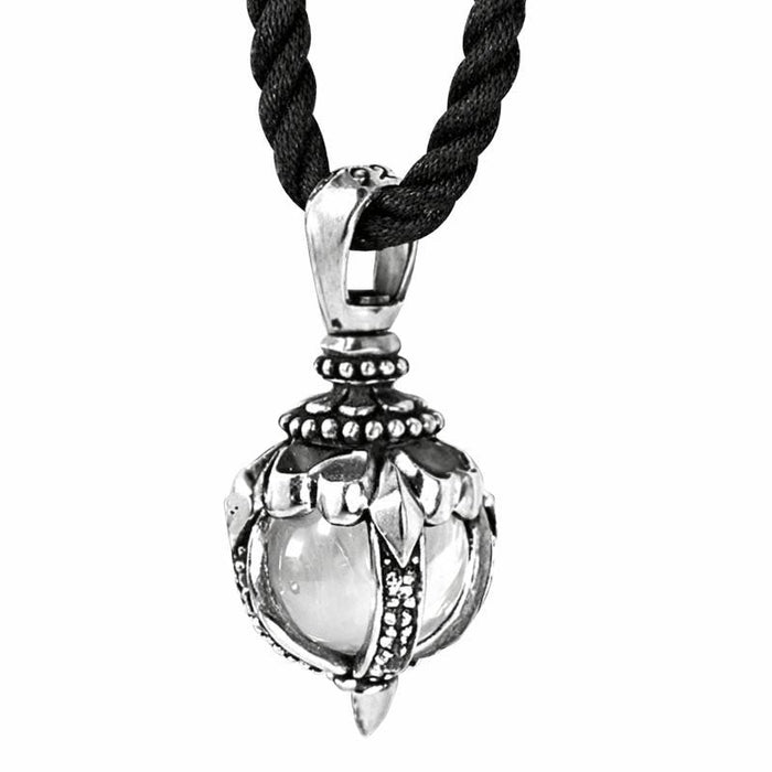 Front view of Tribal Blossom Moonstone Pendant showing clear moonstone and silver details