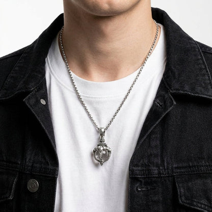 Model wearing Tribal Blossom Floral Sterling Silver Pendant for size reference