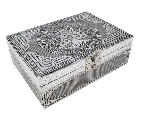 Triquetra Tree Carved Metal over Wood Box - Zero Point Crystals