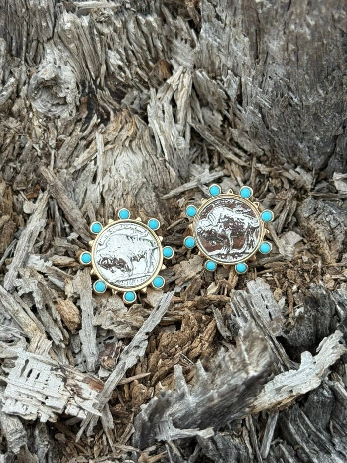Turquoise Sunburst Buffalo Coin Earrings