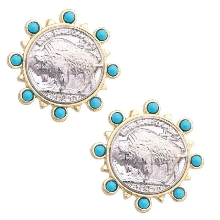 Turquoise Sunburst Buffalo Coin Earrings