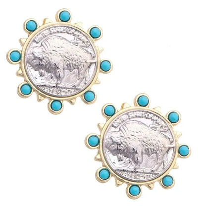 Turquoise Sunburst Buffalo Coin Earrings