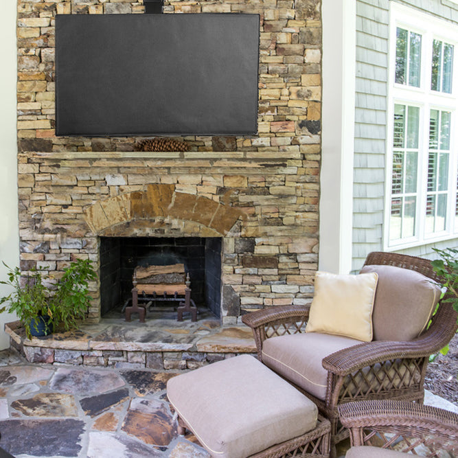 A black TV cover fitted over a ceiling mount TV in an outdoor patio.