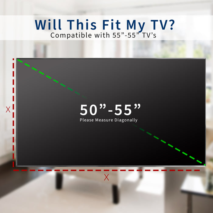 A black TV cover fitted over a ceiling mount TV with compatibility shown on a diagonal line across the TV.