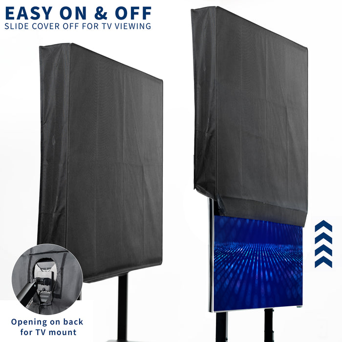 A black TV cover fitted over a TV with the cover coming on and off.