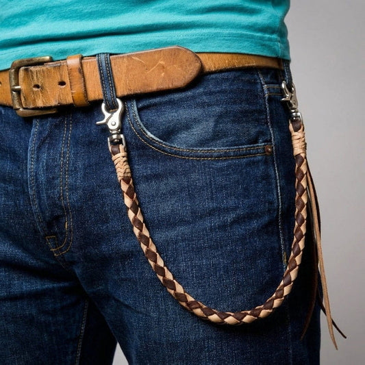 Two-tone braided leather wallet chain attached to belt loop and jeans pocket showing how it drapes