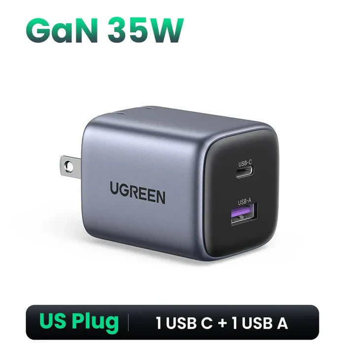 UGREEN GaN 35W USB-C charger with dual ports for US plug outlets.