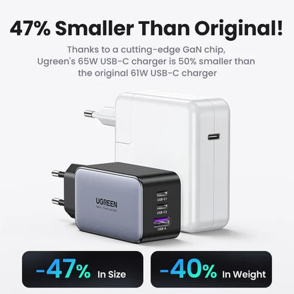 USB-C charger with multiple ports in black and silver colors.