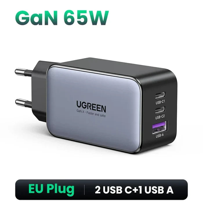 UGREEN 65W GaN charger with EU plug and three USB ports (two USB-C and one USB-A).