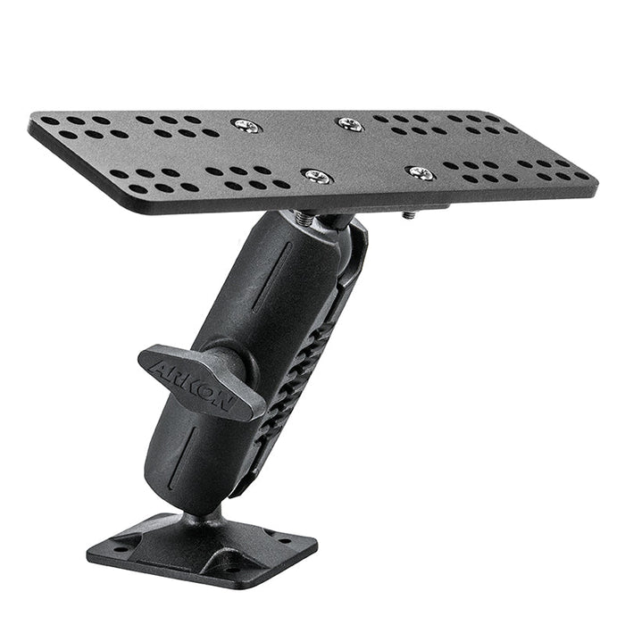 The Universal Marine Electronic Fishfinder Mount is a black adjustable heavy-duty plate with a rectangular perforated top, angled arm, and 4-hole AMPS base—perfect for securely mounting monitors or marine electronic fishfinders.