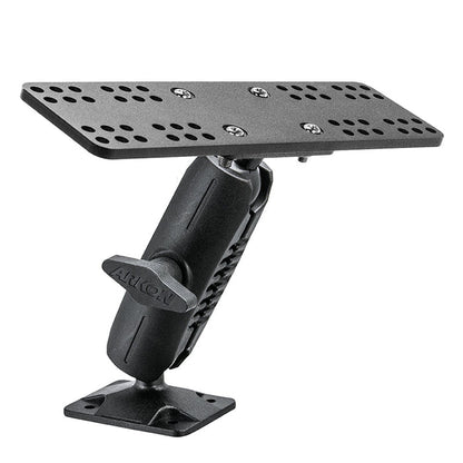 The Universal Marine Electronic Fishfinder Mount is a black adjustable heavy-duty plate with a rectangular perforated top, angled arm, and 4-hole AMPS base—perfect for securely mounting monitors or marine electronic fishfinders.