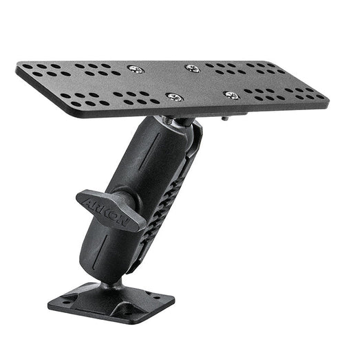 The Universal Marine Electronic Fishfinder Mount is a black adjustable heavy-duty plate with a rectangular perforated top, angled arm, and 4-hole AMPS base—perfect for securely mounting monitors or marine electronic fishfinders.