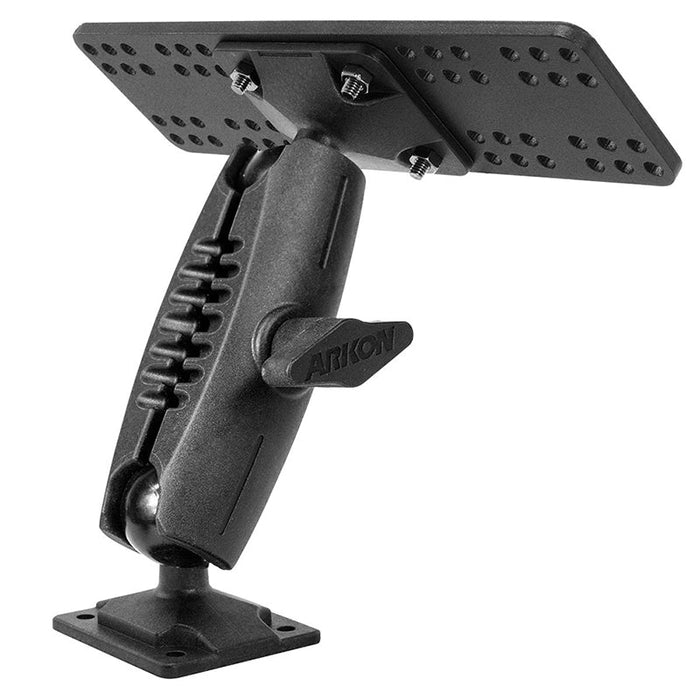The Universal Marine Electronic Fishfinder Mount is a heavy-duty black bracket with a rectangular top plate, multiple mounting holes, adjustable central pivot joint, and 4-hole AMPS base—perfect for secure marine electronic installations.