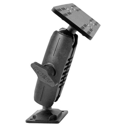 The Universal Marine Electronic Fishfinder Mount features a black heavy-duty mounting plate with two square plates, a central arm, and a tightening knob for easy angle adjustment. Ideal for marine electronics with its 4-hole AMPS base.