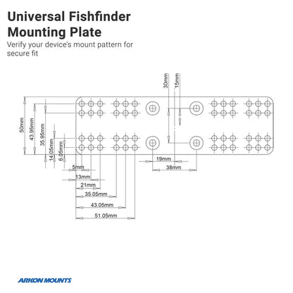 Diagram of the Universal Marine Electronic Fishfinder Mount, a heavy-duty mounting plate with detailed dimensions, 4-hole AMPS base spacing, and overall measurements. Top text reads Universal Marine Electronic Fishfinder Mount.