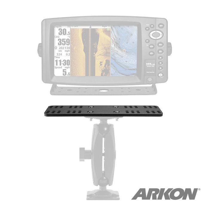 The Universal Marine Electronic Fishfinder Splitter Bar Mounting Plate, in black with a 4-Hole AMPS pattern on an adjustable base, is shown with a faded fishfinder screen and the Arkon APEQUIP logo in the background.