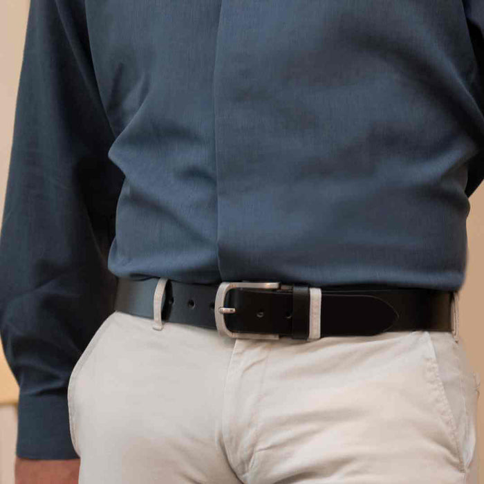 Black leather belt with low profile silver buckle. 1.5 inch strap. Nickel Free Buckle- Urbanite Belt