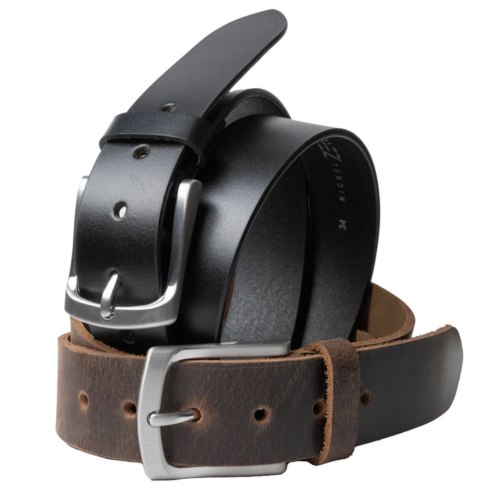Urbanite Black and Brown Leather Belt Set. One shiny black strap and one distressed brown strap.