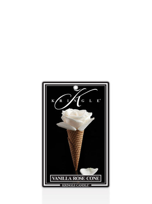 Kringle Candle Vanilla Rose Cone air freshener with a rose in a waffle cone on a white background