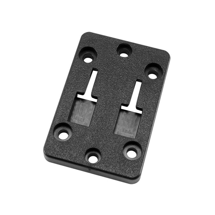The Vertical Female Dual T-Slot to 4-Hole AMPS Adapter is a black rectangular mounting plate with four corner screw holes and dual T-slots, perfect for car dashboard mounting, shown on a white background.