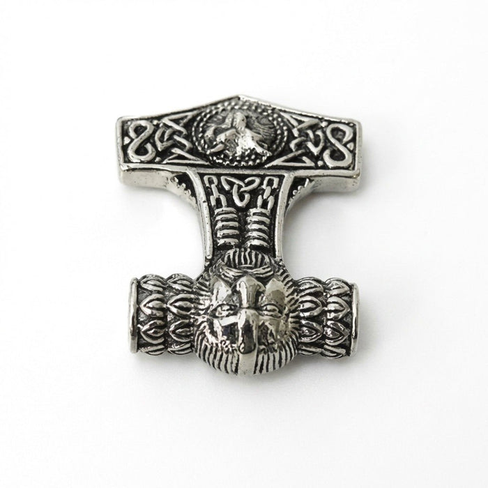 Inverted display of the sterling silver pendant, showing the wide knotwork hammer head above the sculpted Fenrir wolf bale.