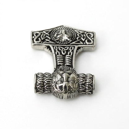 Inverted display of the sterling silver pendant, showing the wide knotwork hammer head above the sculpted Fenrir wolf bale.