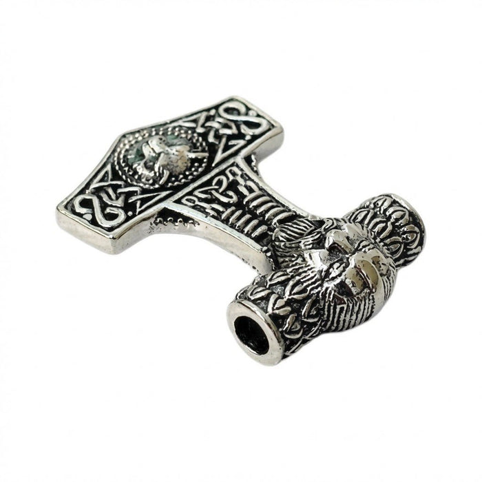 Detailed view of the hollow chain hole passing through the sculpted silver Fenrir wolf head at the top of the hammer.