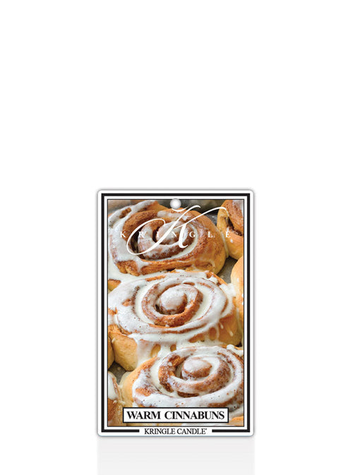 Kringle Candle Warm Cinnabuns air freshener with Warm Cinnamon Buns design on a white background