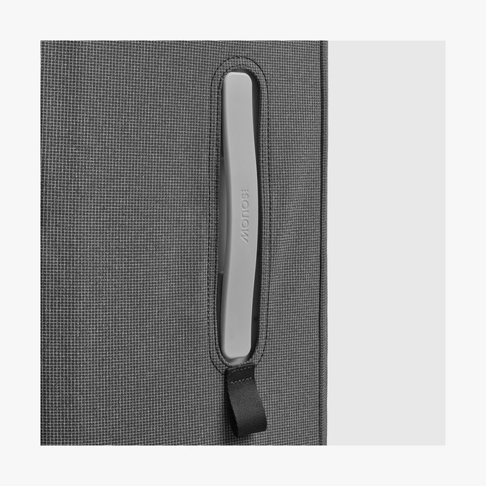Carry-On | Close-up view of the Monos grey washable luggage cover handle opening